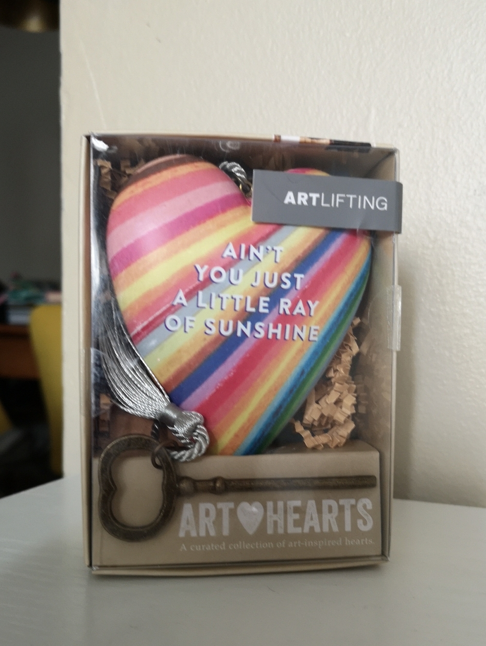 New in Box Art Hearts with key Stand Decor Rainbow Design